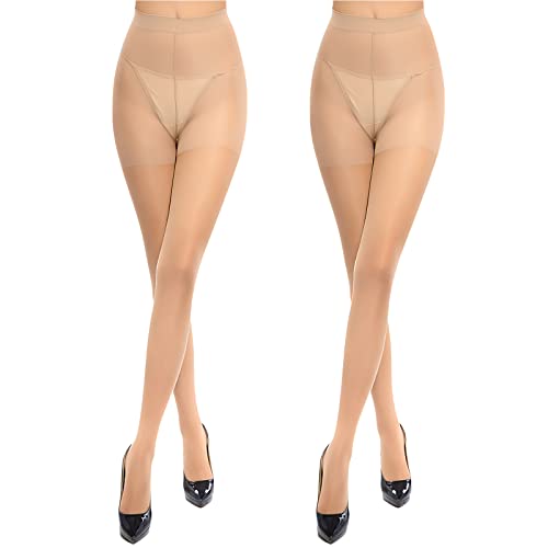 YOGINGO 2 PCS Sheer Tights for Women, Black Tights, Women's Tigh High Waist With Support and Reinforced Toes Pantyhose, Nude Tights Silk Sheer Soft Nude Tights 20 Denier