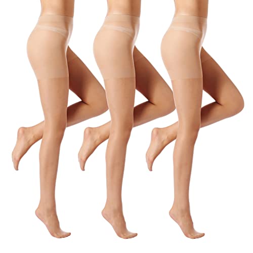 ZIHUA 3 Pairs Sheer Tights for Women, 20 Denier Control Top Sexy Shaping Nude Tights Women, Gift Package, (Nude, L)