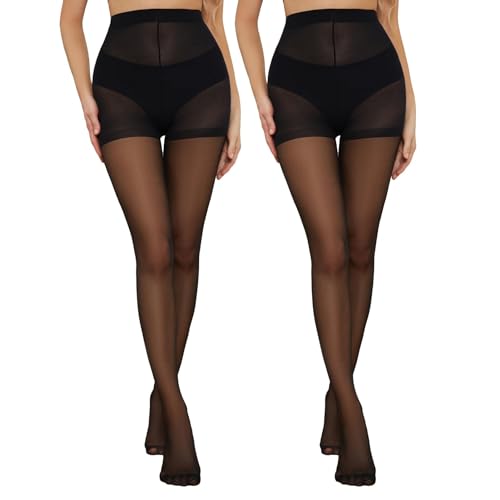 20D Control Top Reinforced Sheer Pantyhose Tights for Women (as8, alpha, xx_l, plus, tall, 2 Pairs Black)