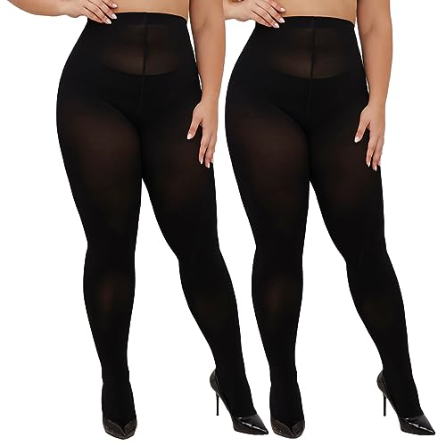 Lanylon Star 2 Pairs Plus Size Opaque Tights for Women Curvy Comfort Pantyhose (2X/3X)