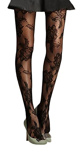 Womens Patterned Black Lace Fishnet Net Tights/Fashion Pantyhose With Pattern Prints (Bold English Rose)
