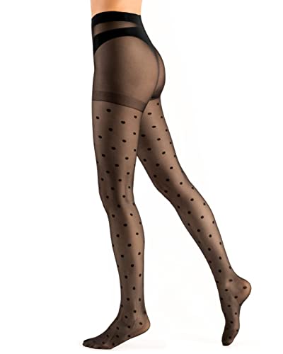 OVISSA Women's Black Dots Tights for Halloween Party Semi Sheer Pantyhose Spotty Thin Seamless Sexy Tights Occasion Pattern Polka Dot Hearts Stars Pattern | 20 DEN | Made In Italy | L