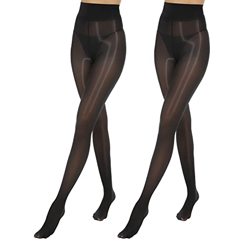 MANZI Women Oily Tights Shiny Gloss Pantyhose 15D 2 Pairs,Black,L-XL