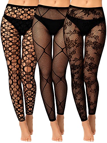 Jadive 3 Pcs Women Fishnet Tights Black High Waisted Net Footless Leggings Fish Net Tights Goth Tights Stockings No Toes Pantyhose