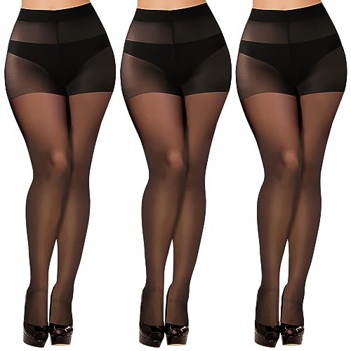 YOGINGO 3 Pairs Black Sheer Tights for Women, Women's Tigh High Waist With Support and Reinforced Toes Pantyhose, XXL