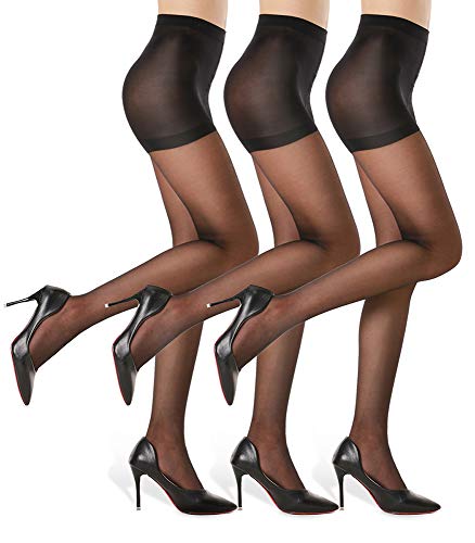 WAKUNA 3 Pairs Women's Sheer Tights - 20D Control Top Nylon Pantyhose with Reinforced Toes (Black, M)