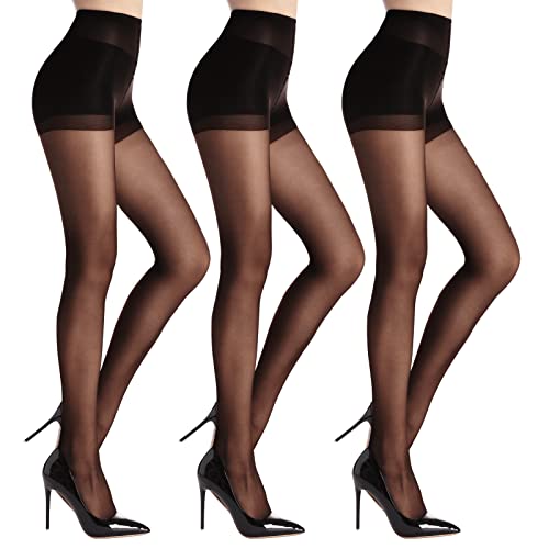 WAJIAFAR 3 Pack Women's Sheer High Waist Tights with Support and Reinforced Toes Pantyhose (Black, M)