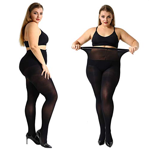 MANZI 2 Pairs 70 Denier Women's Plus Size Tights Stretch Opaque Control Top Tights Black XX-Large