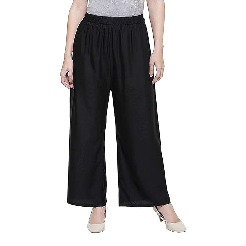 BODYWEAR LTD - Women Plain Flared Palazzo – Trousers - Baggy Wide Leg Flared Pants – Elasticated Waist – Comfortable Fit – Casual Wear - Perfect for Indoor, Outdoor Activitiess Black 20-22