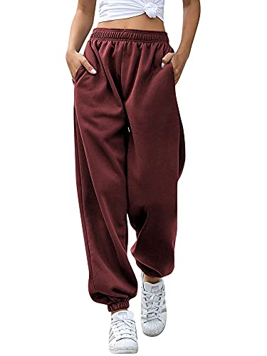 Love My Fashions Women's Plain Gym Sport Jogger Sweatpants & Summer Casual Loose Jogger Pockets Pants and Baggy Elastic Waist Cargo Trousers for Casual Hip Hop, Gym and Jogging Wine