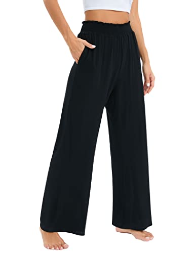 Famulily Womens Casual Stretch Pull On Wide Leg Trousers Elasticated Smocked Waist Lounge Pants with Pockets Black S