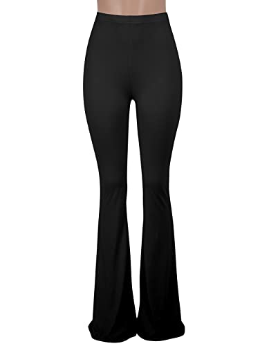 Women's Black Flared Palazzo Bootcut Trousers Plain Long Wide Leg Pyjama Bottoms Comfy Lightweight Stretch Tight Leggings High Waisted Ladies Casual Office Yoga Pants Loungewear M