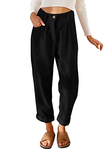 BLENCOT Womens Trousers with Pockets Black Women Casual Corduroy Pants Retro Casual Trousers Slim Fit Pants Size 16