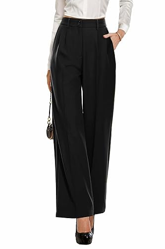 PrinStory Trousers for Women UK Wide Leg Trousers Elasticated Waist Palazzo Trousers Beach Work Pants (Black, US 8, UK 12)