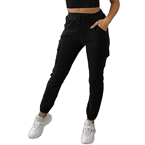 Women's High Waist Casual Relaxed Cargo Combat Sweatpants - Black Stone Blue Grey Khaki Nude Rust - S/M - L/XL (as8, Alpha, l, x_l, Regular, Regular, Black, Relaxed)