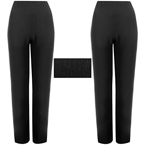 2 Pack Womens Straight Leg Trousers Finely Soft Ribbed Stretch Pull On Ladies Pants Casual Full Elasticated Waist Bottoms (Black 14/27)
