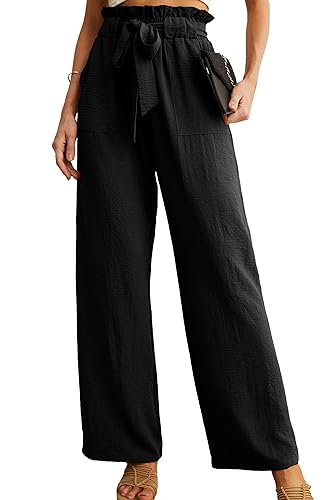 IWOLLENCE Black Trousers Women Wide Leg Trousers for Women UK Palazzo Trousers Elasticated High Waist Ladies Work Casual Pleated Paperbag Pull On Trousers
