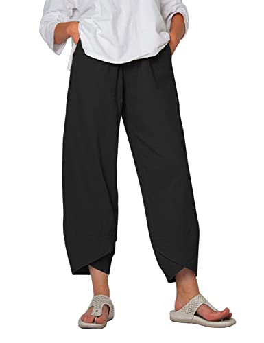 heekpek Womens Trousers Casual Wide Leg Capri Pants Cotton Trousers Summer Elastic Waistband with Pockets Lightweight Cropped Trousers, Black, Size XL