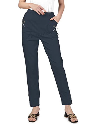 femiss Womens Trousers Elasticated High Waist Relax Fit Ladies Full Length Casual Everyday Soft Stretchy Lightweight Pants (Navy Blue, 18)