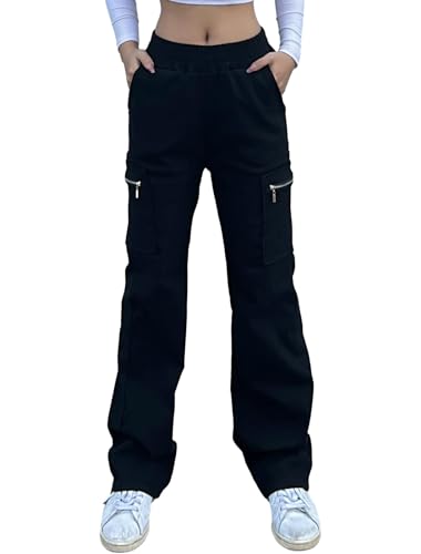 Nuofengkudu Black Combat Trousers Women Cargo Pants Tall Long Zipper Pockets Stretch High Waisted Work Bottoms Loose Fit Y2K Teen Girls Gothic Streetwear Casual M