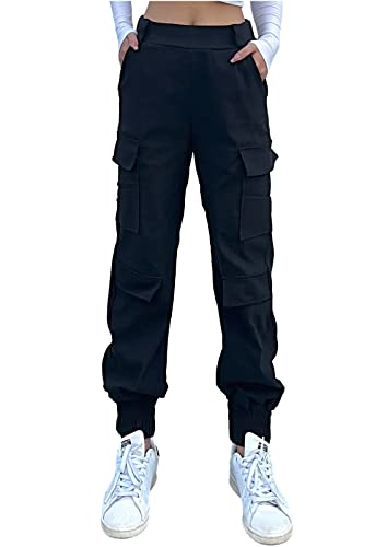 Nuofengkudu High Waisted Cargo Trousers Loose Fit Cuffed Elasticated High Waisted 4 Pockets Comfy Ladies Harem Pants Pull On Stretchy Work Combat Bottoms Vintage Casual Sports Streetwear Black L