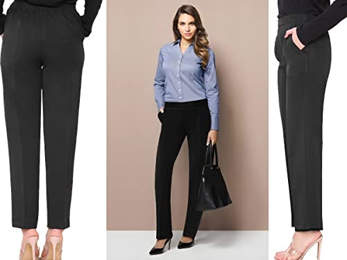 INSAFIANS Women Half Elasticated Pull Up Pants | Ladies Office Wear Trousers | Work Formal(BLK L25W12)