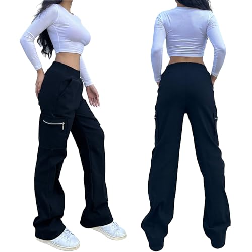 Nuofengkudu Black Combat Trousers Women Cargo Pants Tall Long Zipper Pockets Stretch High Waisted Work Bottoms Loose Fit Y2K Teen Girls Gothic Streetwear Casual M