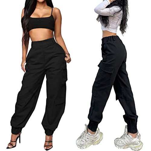 Nuofengkudu High Waisted Cargo Trousers Loose Fit Cuffed Elasticated High Waisted 4 Pockets Comfy Ladies Harem Pants Pull On Stretchy Work Combat Bottoms Vintage Casual Sports Streetwear Black L