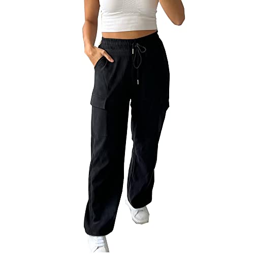 Women's High Waist Stretch Fit Wide Straight Leg Cargo Pocket Combat Pants - Black LXL