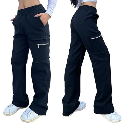 Nuofengkudu Black Combat Trousers Women Cargo Pants Tall Long Zipper Pockets Stretch High Waisted Work Bottoms Loose Fit Y2K Teen Girls Gothic Streetwear Casual M