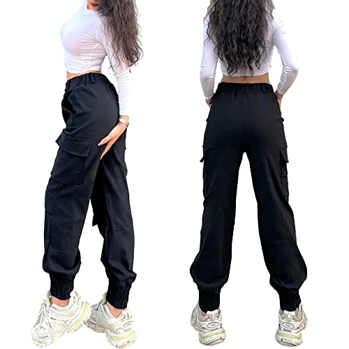 Nuofengkudu High Waisted Cargo Trousers Loose Fit Cuffed Elasticated High Waisted 4 Pockets Comfy Ladies Harem Pants Pull On Stretchy Work Combat Bottoms Vintage Casual Sports Streetwear Black L