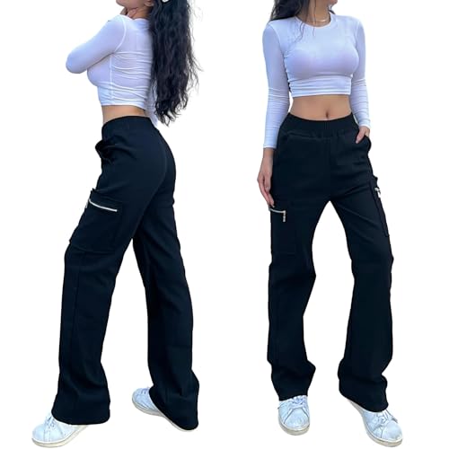 Nuofengkudu Black Combat Trousers Women Cargo Pants Tall Long Zipper Pockets Stretch High Waisted Work Bottoms Loose Fit Y2K Teen Girls Gothic Streetwear Casual M