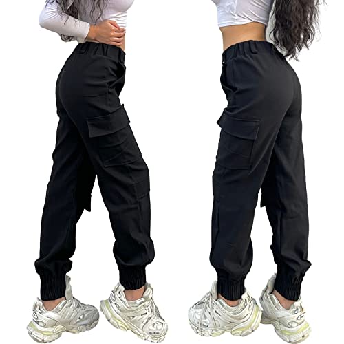 Nuofengkudu High Waisted Cargo Trousers Loose Fit Cuffed Elasticated High Waisted 4 Pockets Comfy Ladies Harem Pants Pull On Stretchy Work Combat Bottoms Vintage Casual Sports Streetwear Black L