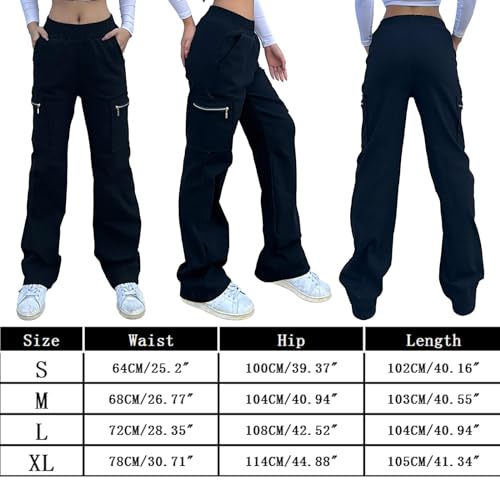 Nuofengkudu Black Combat Trousers Women Cargo Pants Tall Long Zipper Pockets Stretch High Waisted Work Bottoms Loose Fit Y2K Teen Girls Gothic Streetwear Casual M