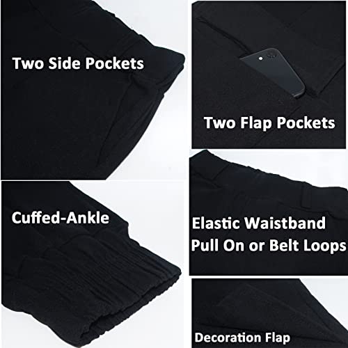 Nuofengkudu High Waisted Cargo Trousers Loose Fit Cuffed Elasticated High Waisted 4 Pockets Comfy Ladies Harem Pants Pull On Stretchy Work Combat Bottoms Vintage Casual Sports Streetwear Black L