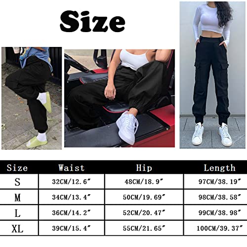 Nuofengkudu High Waisted Cargo Trousers Loose Fit Cuffed Elasticated High Waisted 4 Pockets Comfy Ladies Harem Pants Pull On Stretchy Work Combat Bottoms Vintage Casual Sports Streetwear Black L
