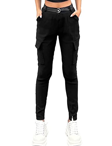 Nuofengkudu Black Stretchy Cargo Trousers Women 4 Pockets Elasticated High Waisted Skinny Leg Combat Pants Ladies Slim Fit Modern Leggings Pull on Teen Fitted Work Tights Bottoms with Belt Gothic L