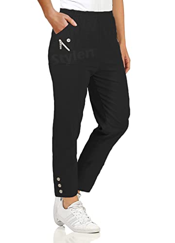 URBAN STITCH Trouser for Women UK Black Casual Full Length Elasticated High Waist Pants with Stretch Light Weight Summer Straight fit Ladies Bottoms (16, Black)