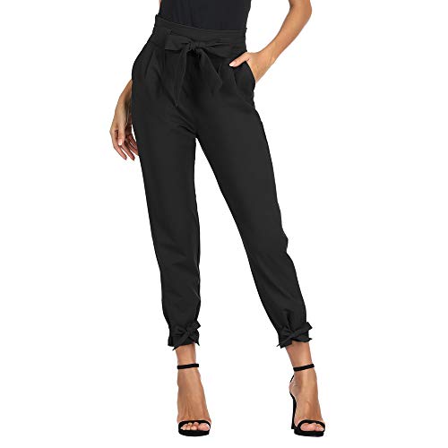 Women Trouser High Waist Belt Decorated Pencil Capri Pants with Bow-Knot Black S CL903-1