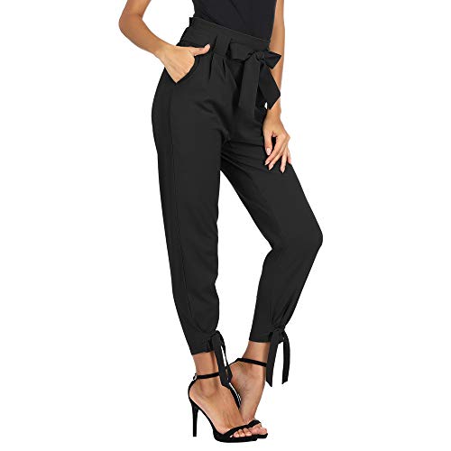 Women Trouser High Waist Belt Decorated Pencil Capri Pants with Bow-Knot Black S CL903-1