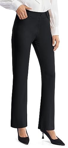 AFITNE Women's Straight Leg Black Work Trousers - Tummy Control Bootcut Yoga Pants for Women, Ladies Workout Office Yoga Work Trousers with 4 Pockets - 29 Inches - Black M