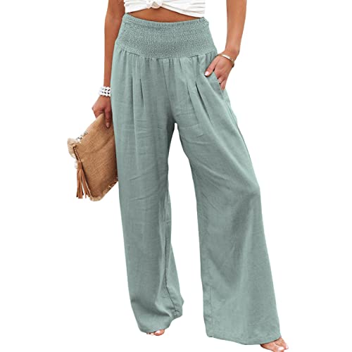M9ppzzur7 Women Summer Casual Loose Long Trousers Solid Color Cotton Linen High Waisted Wide Leg, Straight-Leg Pants with Pockets (Light Green, XXL)
