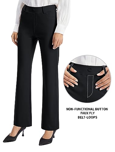 AFITNE Women's Straight Leg Black Work Trousers - Tummy Control Bootcut Yoga Pants for Women, Ladies Workout Office Yoga Work Trousers with 4 Pockets - 29 Inches - Black M