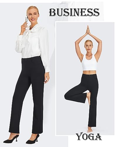 AFITNE Women's Straight Leg Black Work Trousers - Tummy Control Bootcut Yoga Pants for Women, Ladies Workout Office Yoga Work Trousers with 4 Pockets - 29 Inches - Black M