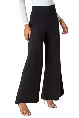 Roman Originals Wide Leg Trousers for Women UK Ladies Palazzo Pants Evening Jersey Elasticated High Waist Smart Flared Culotte Office Work Going Out Loose Crepe Bottoms - Black - Size 16