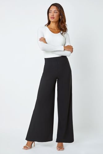 Roman Originals Wide Leg Trousers for Women UK Ladies Palazzo Pants Evening Jersey Elasticated High Waist Smart Flared Culotte Office Work Going Out Loose Crepe Bottoms - Black - Size 16