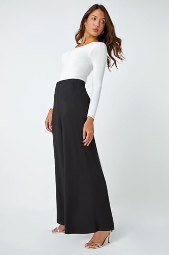 Roman Originals Wide Leg Trousers for Women UK Ladies Palazzo Pants Evening Jersey Elasticated High Waist Smart Flared Culotte Office Work Going Out Loose Crepe Bottoms - Black - Size 16
