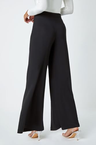 Roman Originals Wide Leg Trousers for Women UK Ladies Palazzo Pants Evening Jersey Elasticated High Waist Smart Flared Culotte Office Work Going Out Loose Crepe Bottoms - Black - Size 16