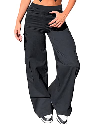 Nuofengkudu Ladies Black Wide Leg Cargo Trousers Y2K Stretch Utility Multi Pockets Elasticated High Waisted Flared Bootleg Loose Fit Pull on Work Pants Vintage Bottoms Streetwear Casual Outdoor XL