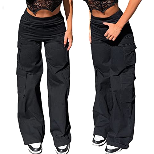 Nuofengkudu Ladies Black Wide Leg Cargo Trousers Y2K Stretch Utility Multi Pockets Elasticated High Waisted Flared Bootleg Loose Fit Pull on Work Pants Vintage Bottoms Streetwear Casual Outdoor XL